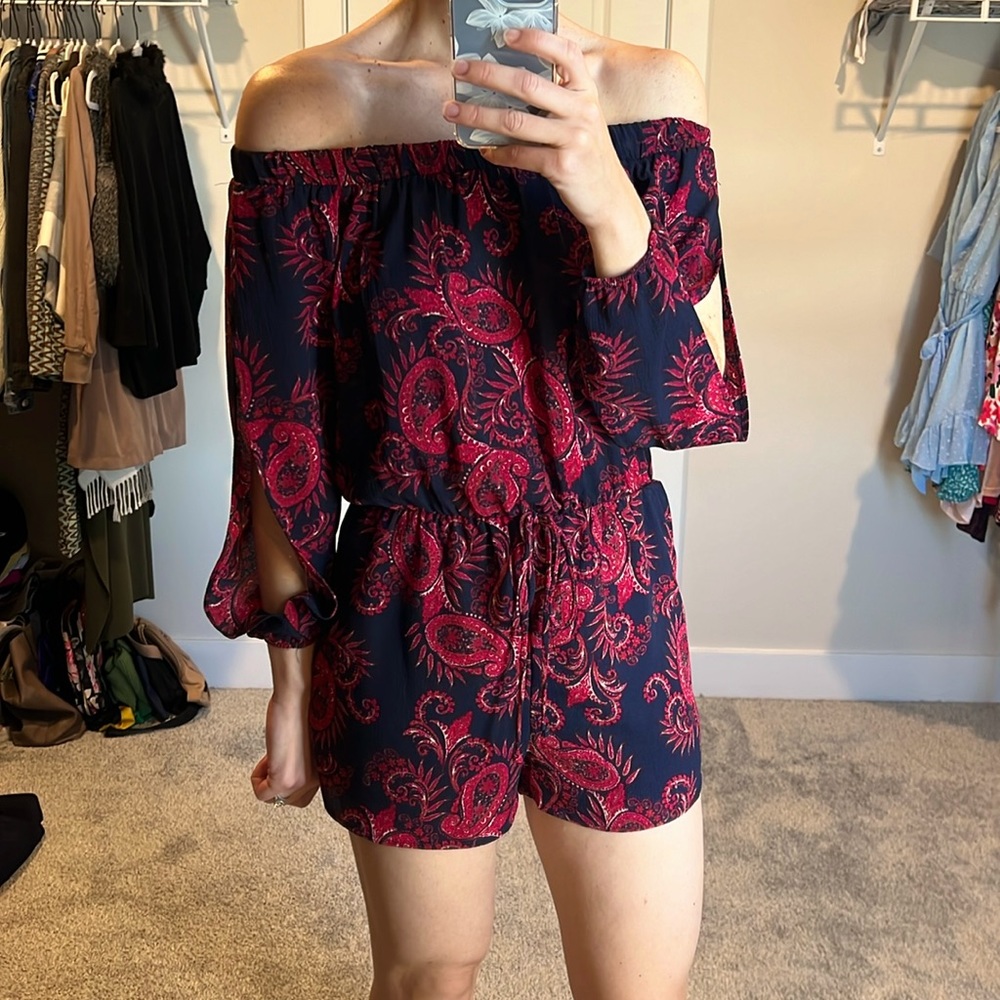 Off the shoulder red and black romper